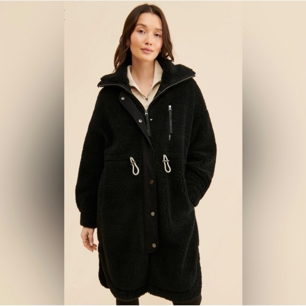 Varley Sherpa Fleece Parka Women Large Black‎ Excellent Longline Teddy Coat